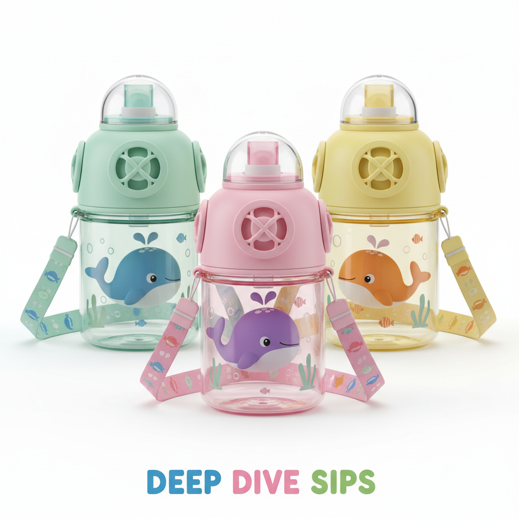 Children's Whale Cartoon Diving Fountain Water Bottle - Tritan Leakproof Sippy Cup (Various Sizes & Colors)
